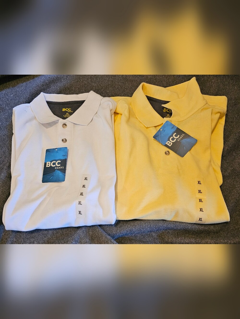 Lot‎ Of 2 BCC Khaki Short Sleeve Polo Shirts Yellow & White Men's Size XL NWT